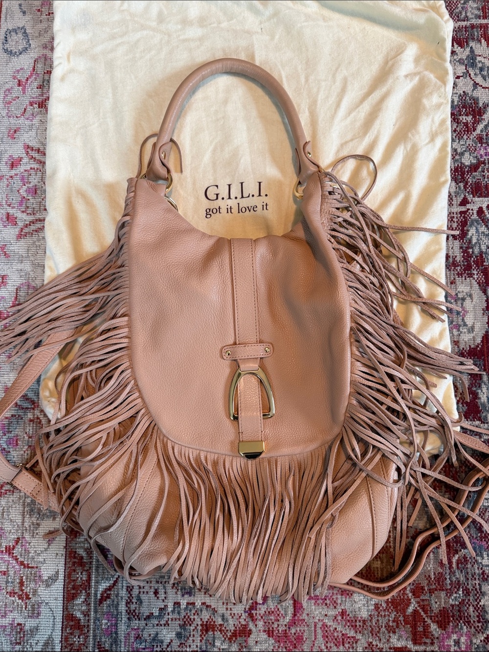 NWOT G.I.L.I. Nude Tan Fringe Leather Hobo Bag